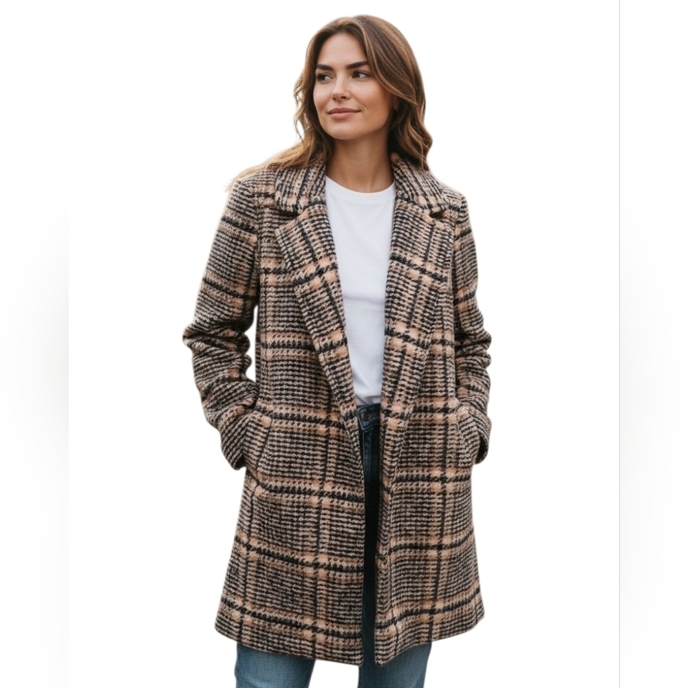 NICOLE MILLER New York Plaid Wool-Blend Jacket / Coat. Black/Tan. Small
